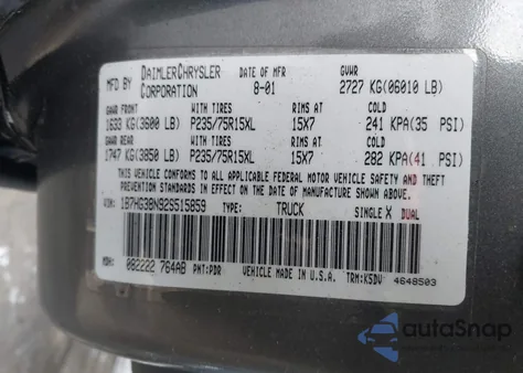 2002 Dodge Dakota Sport из США, поврежденный, VIN 1B7HG38N92S515859